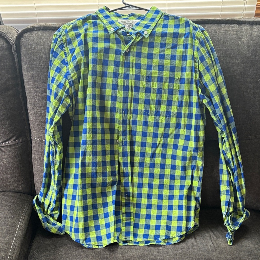 Aeropostale Blue and Lime Plaid Men's Shirt